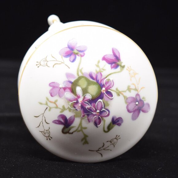 VTG Trinket Box Footed Purple Violets Porcelain Hand Painted Gold Hinge Round - Picture 14 of 16